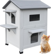 Plastic Outdoor Cat House with Escape Door, Waterproof 2 Story Outdoor Houses fo