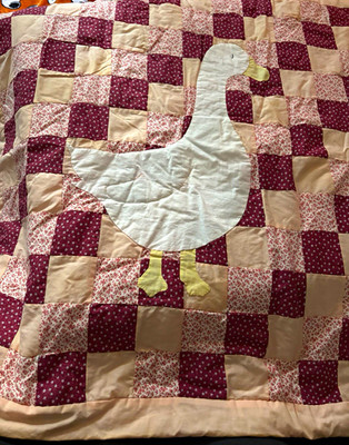 Patchwork Quilted Cotton Quilt Burgundy Beige White Yellow Goose Appliqué