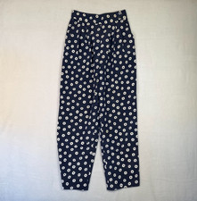 VTG Pleated Pants Womens 8 Navy Floral High Waist Tapered Flowy Drape 80s
