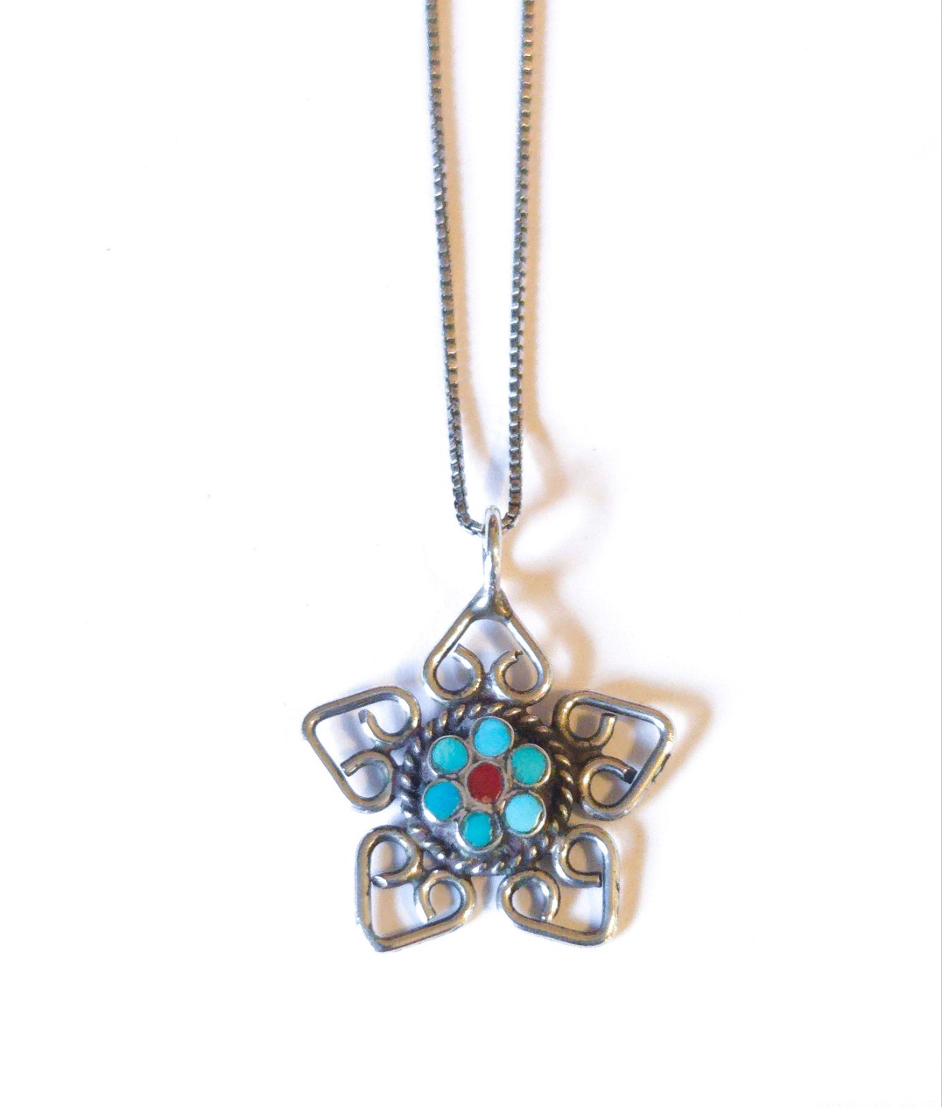 Vintage Native American Sterling Silver Turquoise Pendant Necklace 18