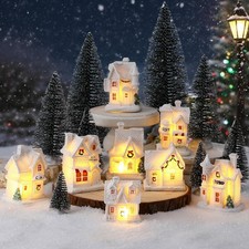 16 Pcs Light-up Winter Miniature Village Set Led Houses Pine Trees Decor