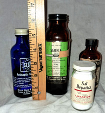 Vintage Lot of 4 Pharmaceutical Bottles, Brown Cobalt Blue Clear With Label