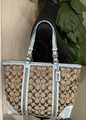 Vintage Coach Beaded Blue Tote Signature Suede Handles Leather