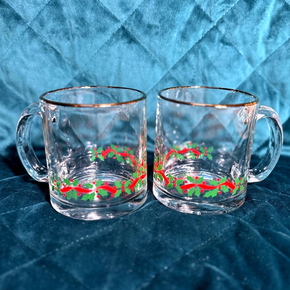 Juego de colección (4) tazas de café navideñas 2 bayas de acebo irlandesas borde dorado transparente Foto 3 de 4