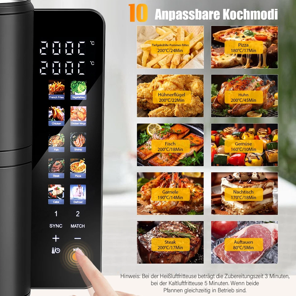 10-in1 Doppel Heissluftfritteuse 2800W Air fryer Doppelkammer Digital Fritteuse - Bild 3 von 4