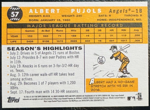 2017 Topps Archives #57 Albert Pujols Los Angeles Angels - Picture 2 of 2