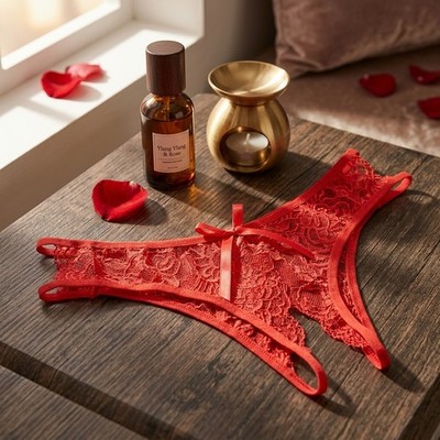 Women's Sensual Lace Open Crotch Thong, Sheer Hollow Out Low Rise G-String
