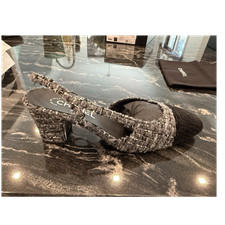 CHANEL Tweed Slingback Block Heel Pumps Black/Gray Closed Toe EU 40
