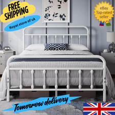 4ft6 Double Bed Frame Vintage Iron Platform Bed with High Headboard