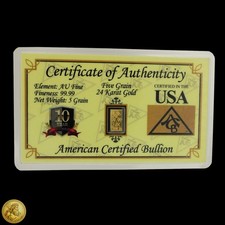 10th Ann. American Certified Bullion 5 Grain 24K Gold Bar in COA Card -E693