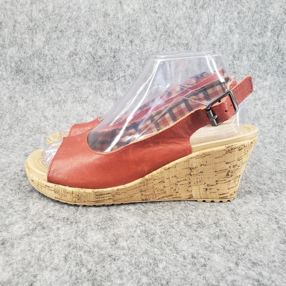 Sandalias de cuña Crocs para mujer A Leigh de corcho con cordones de cuero rojo peep-toe talla 7 Foto 4 de 4