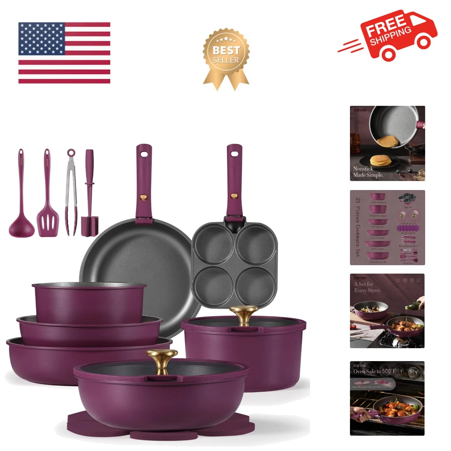 21pcs Pots and Pans Set, Nonstick Cookware Set Detachable Handle, Induction K...