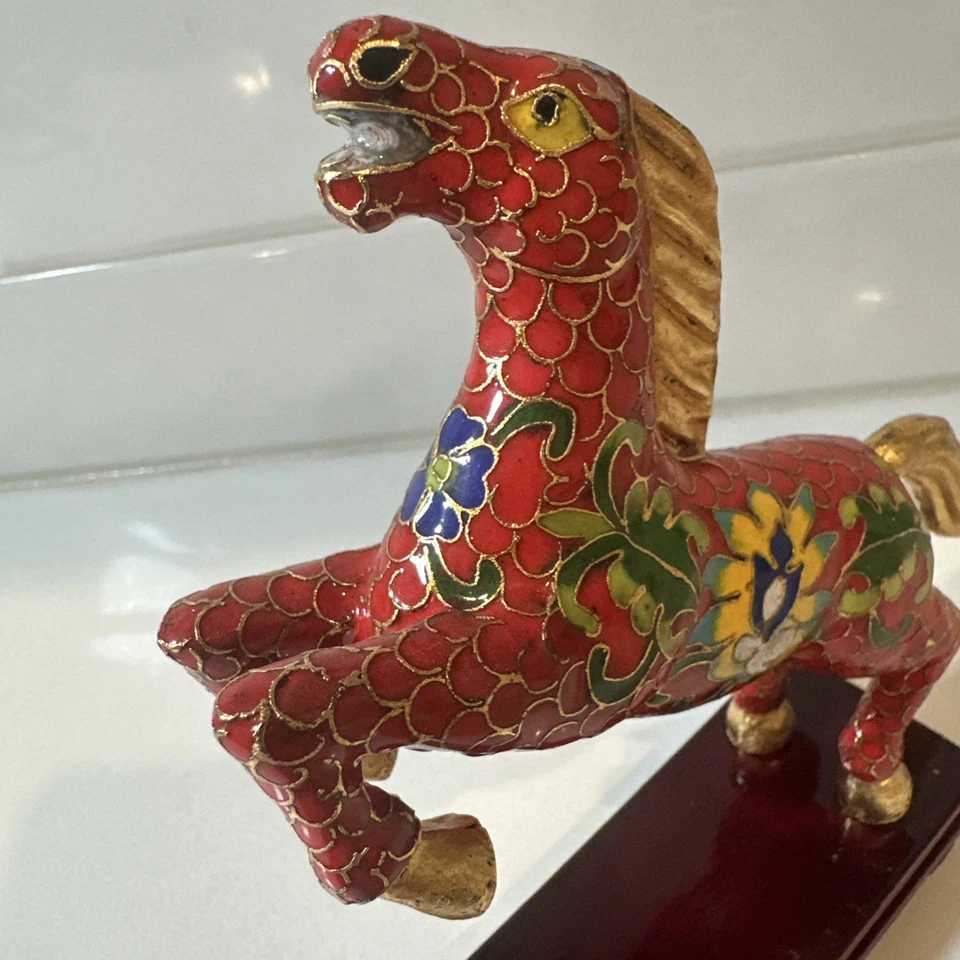 Raro Cloisonné Chino Colorido Patrón Cobre Caballo Antiguo Rojo Foto 4 de 4