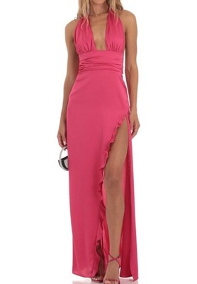 Satin Halter Dress Hot Pink Lucy In The Sky Long Open Back Size L Ruffle