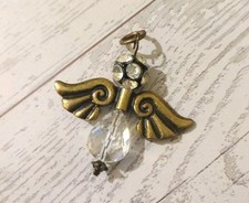 Clear Rhinestone Bead Guardian Angel Religious Etched Gold Tone Wings Pendant