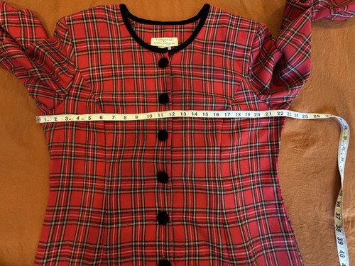 Sz 16 Vintage 80s Red plaid midi dress velvet collar tie back Holiday Pencil - Picture 11 of 13