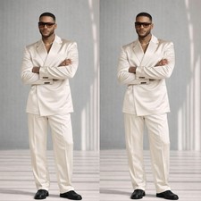White Satin Men's Suit Peak Lapel Double Breasted Wedding Tuxedo Party Prom 2pcs