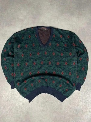 Feinstrick Pullover V-Ausschnitt Vintage mehrfarbige Muster Made in Britain Xl