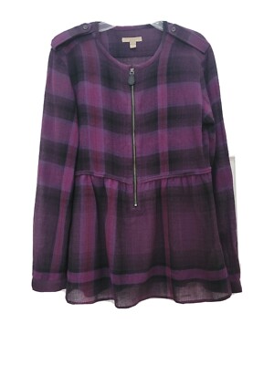 Women's Burberry Brit Shirt S Small Check Plaid Purple Wool Long