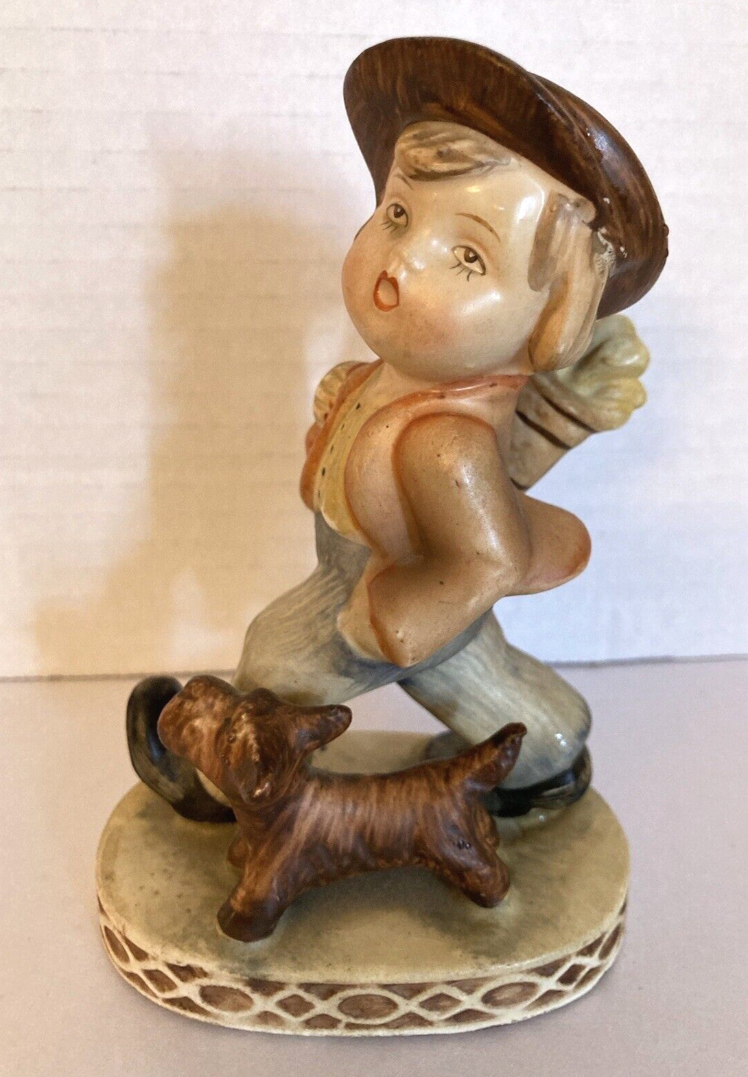 Vintage Golfer Boy w/ Clubs & Brown Terrier Dog Bisque Ceramic Figurine - Japan