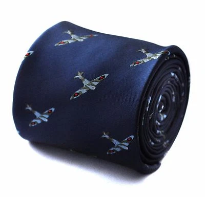 Navy Mens Tie with embroidered Spitfire Plane Print by Frederick Thomas FT663