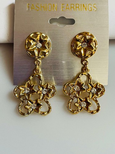 Classy Gold Plated Diamanté Flower Dangal Drop Earrings - Picture 2 of 5
