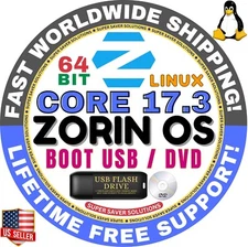 ZORIN LINUX OS 17.3 CORE 64-BIT, Bootable USB, Live Boot or Full Install, MAC/PC
