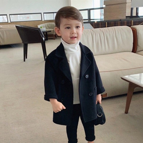 Toddler Baby Boys Girls Wool Coat Winter Warm Double Breasted Trench Coat Jacket - Picture 12 of 18