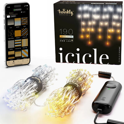 Twinkly Icicle Clear Wire Christmas Lights, Gold and Silver, 190 AWW LED, 16.4ft