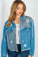 White Birch Womens Leopard Denim Distressed Jacket