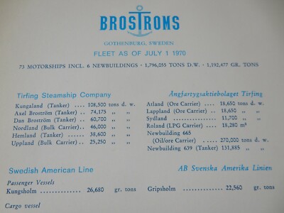 BroströmS AB GÖTEBORG SCHWEDEN FLOTTENLISTE 1970 