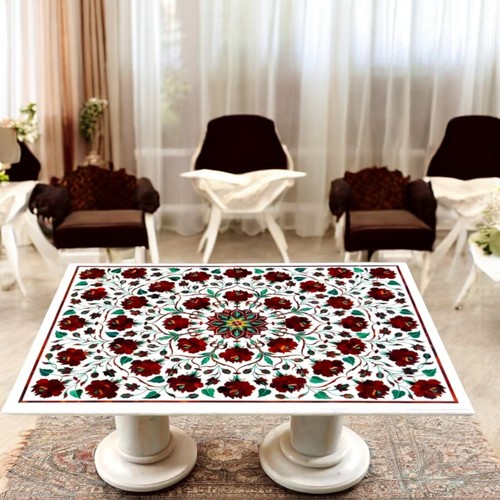 2'x4' White Marble Dining Tabletop Carnelian Stone Inlay Floral Art Centerpiece - Picture 3 of 12