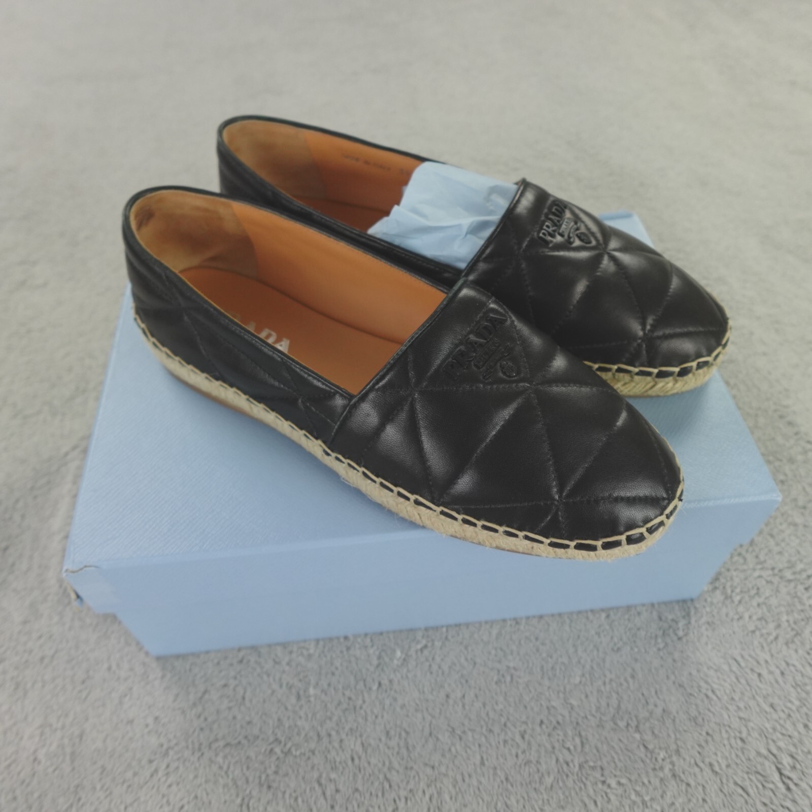Prada Black Quilted Leather Logo Espadrille Flats Womens Size 39 US 9