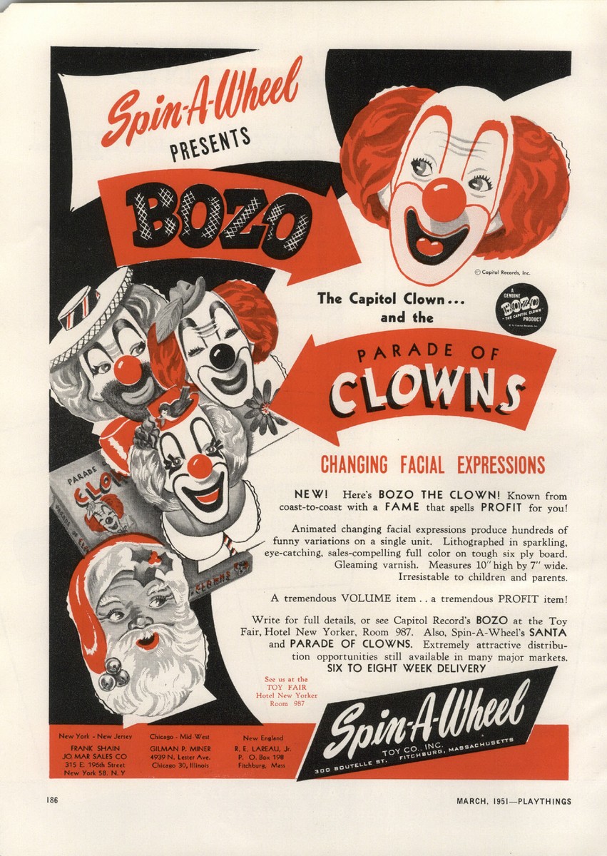 1951 PAPER AD Bozo The Clown Tot SDpin A Wheel Parade Of Clowns