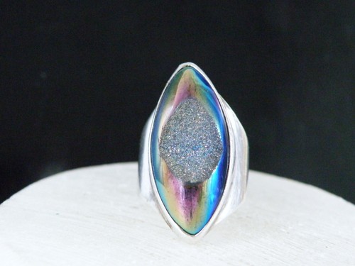 Schwerer Sterling Silber 925 Künstler signiert STARBORN Pfau Drusy Ring Größe 7,5