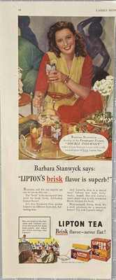 Lipton Tea ''Barbara Stanwyck: LIPTON'S brisk Flavor Superb!'' Vtg Print Ad 1944