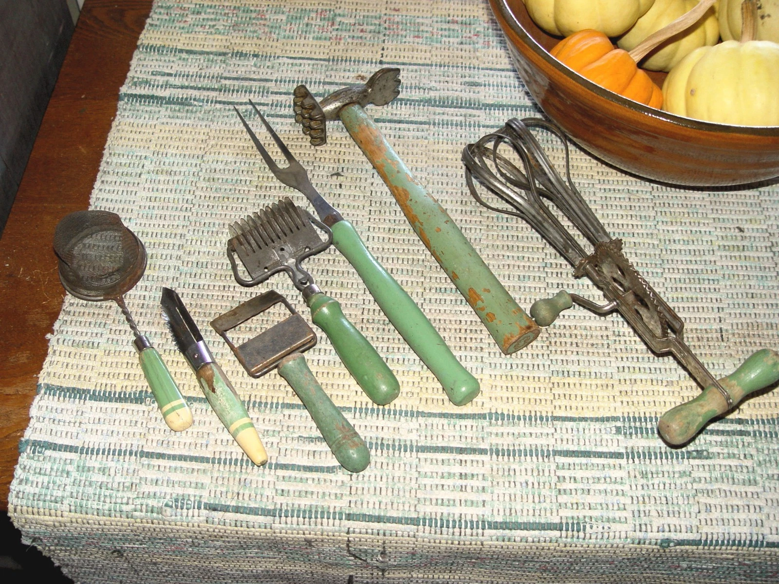 Early 20th-Century Green Kitchen Unique 7 Utensils - Tenderizer, Beater, Pastry