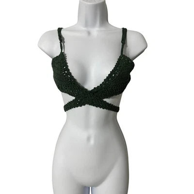 Handmade She Made Me Cotton Crochet Halter Wrap Top Green Boho Bikini Sz M/L - Image 1 of 4