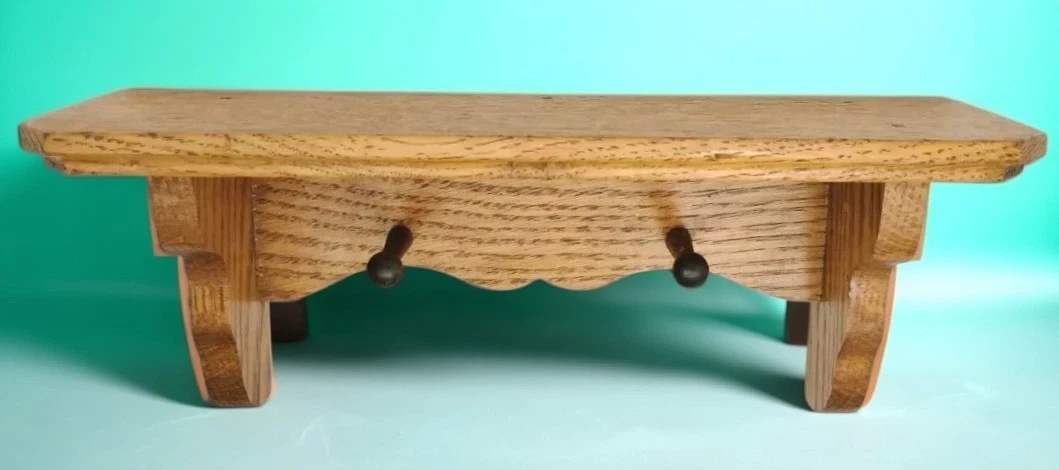Solid Oak Wood 12" Floating Wall Shelf Handmade 2 Pegs Scalloped Farmhouse Cabin