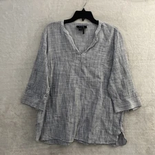 FDJ Womans Blouse Top Blue Geometric 12 Cotton Blend Long Sleeve V Neck Pullover