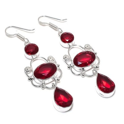 Red Garnet Gemstone Handmade 925 Sterling Silver Jewelry Earring Size 2.7''