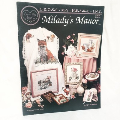 Milady's Manor Cross Stitch Leaflet 1989 Cross My Heart CSB-50 Fox Dog Flowers