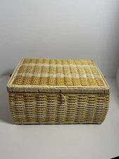 Vtg Woven Wicker Sewing Basket Box Yellow Orange Green Fabric Japan