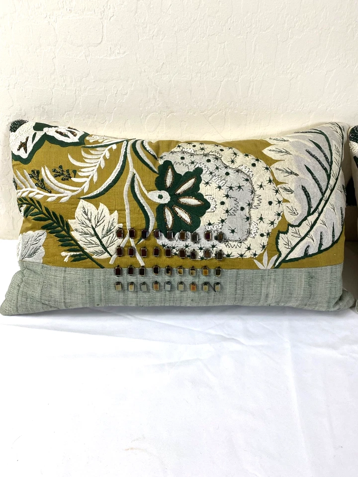 West Elm accent pillows with inserts beaded embroidered floral silk green ivory - Image 2 of 4