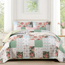 3 Pieces Green Patchwork Quilt Set Queen Size, Bohemian Red Flower Green Plaid B