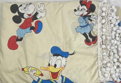 Disney Bed Sheet Full Size Mickey Donald Vintage 1960s Pom Pom Trim