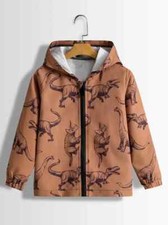 Boys Lite Jacket, Casual Cartoon Dinosaur Print Hooded Zipper  Color Bronze /6Y