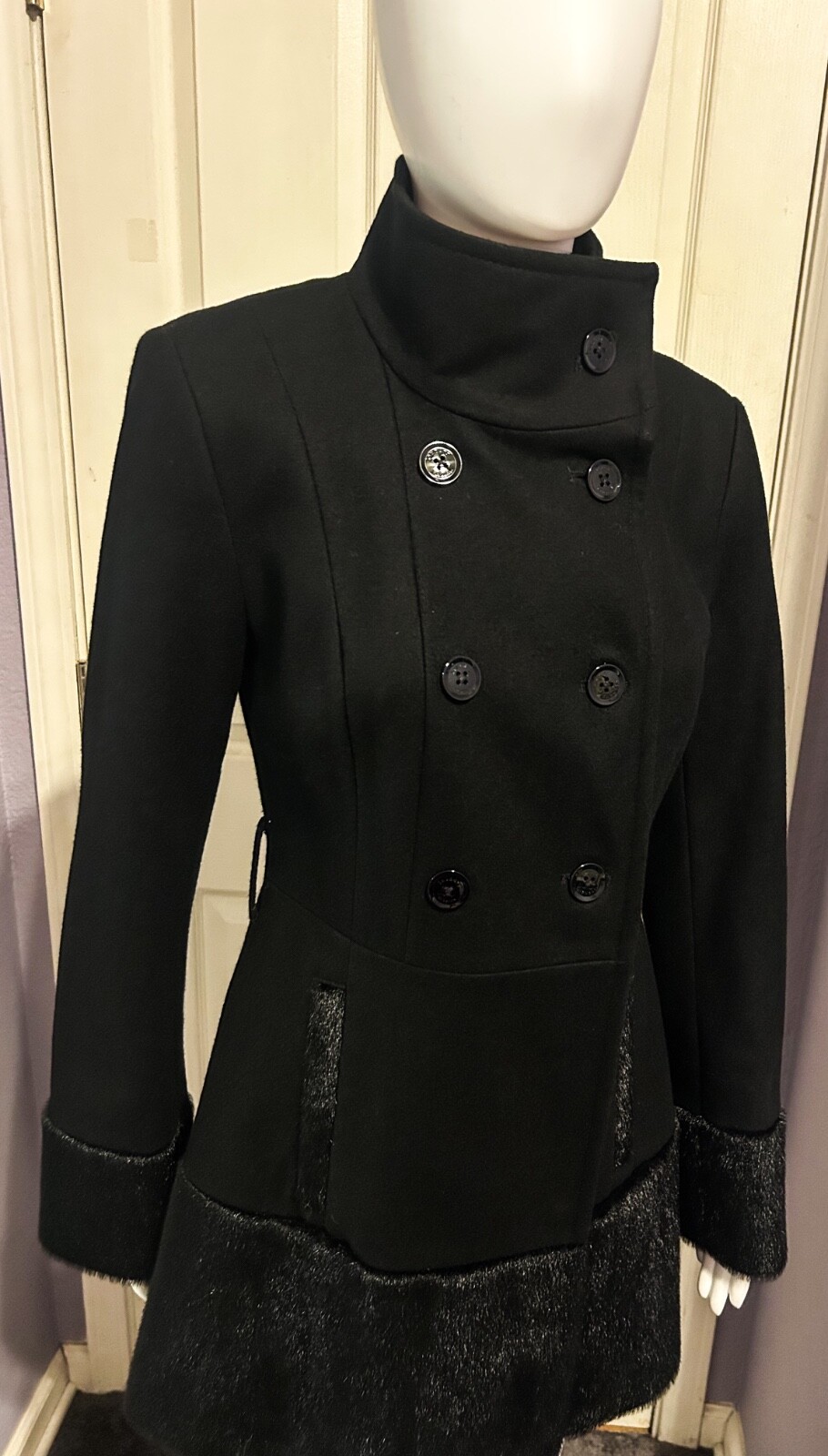 Peacoat Jacket S Black Steampunk Victorian High Collar Fur Wool Romantic Gothic