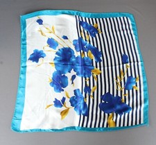 Teal Blue White floral scarf Satin silky square neck hair headband kerchief
