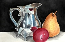 Silver pitcher & fruit reproduction print 8 x 10  size on linen card stock
